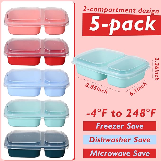 Honeydak 5 Pack Lunchable Snack Containers 2 Compartment Divided Bento Snack Boxes Reusable Meal Prep Containers with Lids Lunch Food Storage Box for School Work Travel(Melon Color)