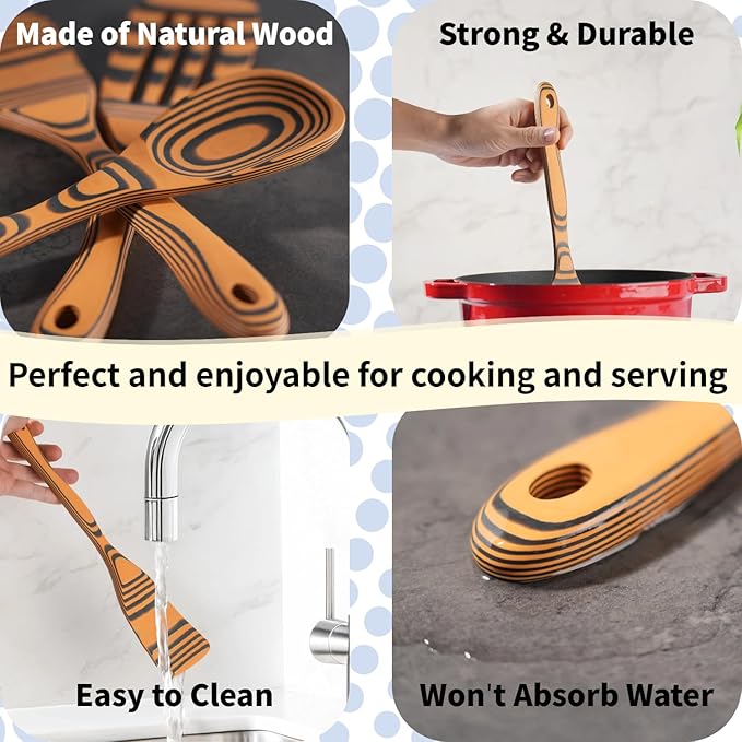 Dishwasher Safe Handcraft Wooden Spoons for Cooking-3PCS Sturdy Wooden Spoons Set, Wooden Kitchen Utensil Set for Nonstick Cookware, Heat Resistant