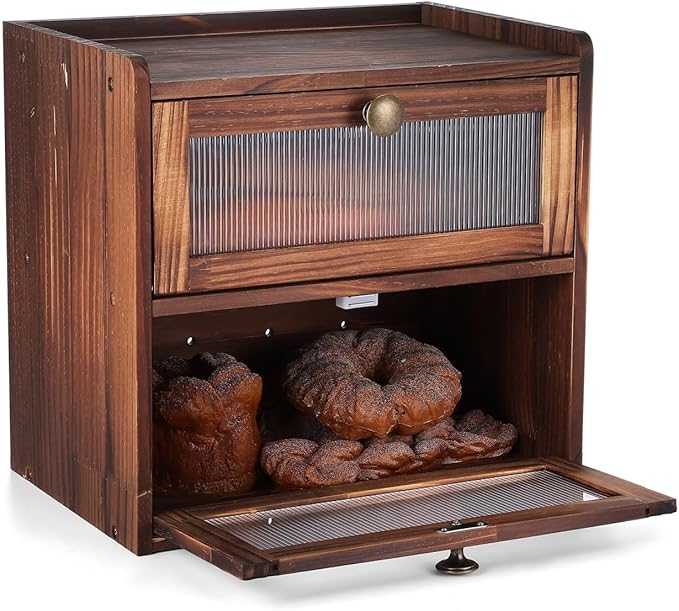 PRETYZOOM Bread Box for Kitchen Countertop, 2 Layer Wooden Bread Storage Bin with Magnetic Closure Window, Vintage Farmhouse Organization Kitchen Food Organizer