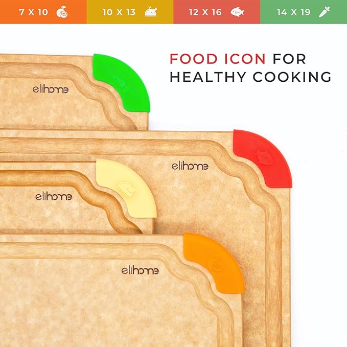 Elihome Premium Series 2-in-1 Kitchen Cutting Board Set, Non Slip Feet, Color Coded with Food Icon, Natural Wood Fiber, Dishwasher Safe, Eco-Friendly, Juice Grooves,Non Porous, BPA Free, Made in USA