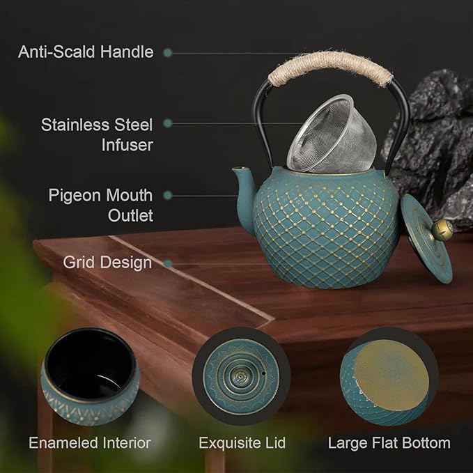 Ufine Japanese Style Cast Iron Teapot for Stove Top with Stainless Steel Infuser Loose Leaf Tetsubin Grid Design Blue Tea Kettle 40oz/1200ml