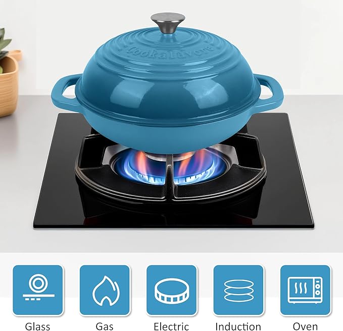 Premium Enameled Cast Iron Dutch Oven for Bread Baking | Non-Stick 5QT Oval Bread Oven with Lid | Perfect for Sourdough, Loaf, and Artisan Baking (Round Blue, 5 QT)