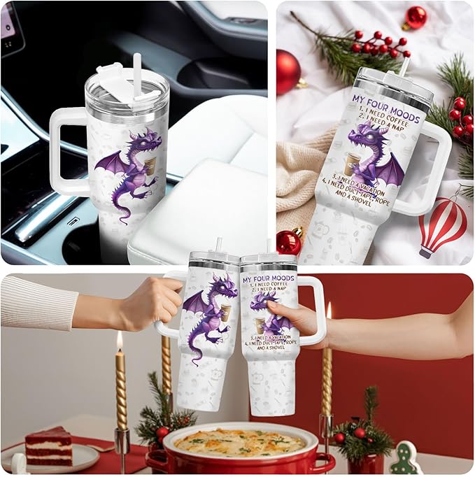 34HD Purple Dragon Tumbler with Handle & Straw, 40oz Stainless Steel Vacuum Insulated My Four Moods Coffee Mug, Dragon Gifts for Men Women Best Friend, Funny Birthday Gift Ideas