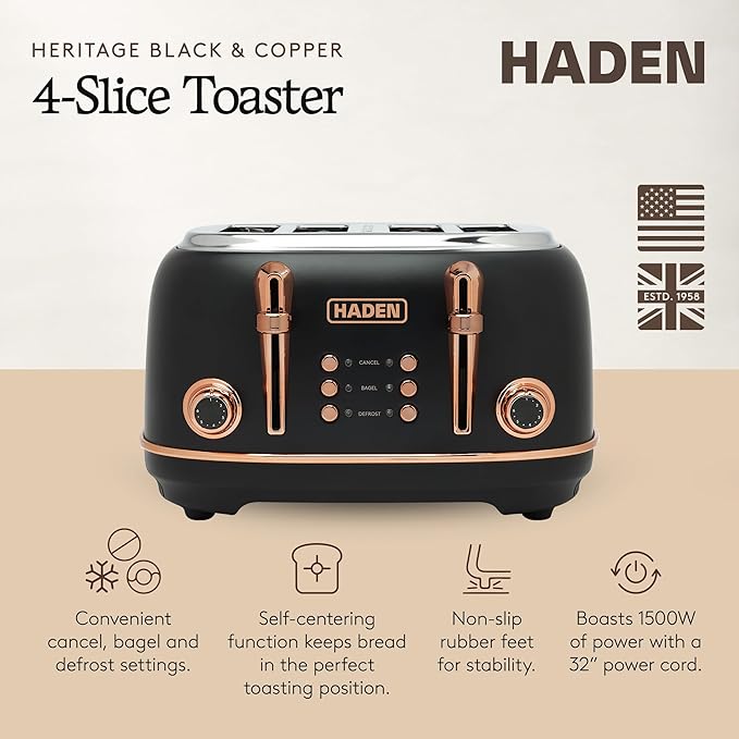 HADEN Heritage 4-Slice Toaster with Extra Wide Slots, 1500-Watt, Black & Copper - Retro Stainless Steel Design with Self-Centering Function, Adjustable Browning Control & Removable Crumb Tray
