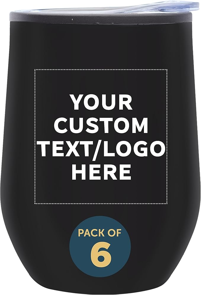 Custom Stemless Wine Tumblers 12 oz. Set of 6, Personalized Bulk Pack - Insulated, Perfect for Wine, Cocktails, Other Hot & Cold Beverages - Black