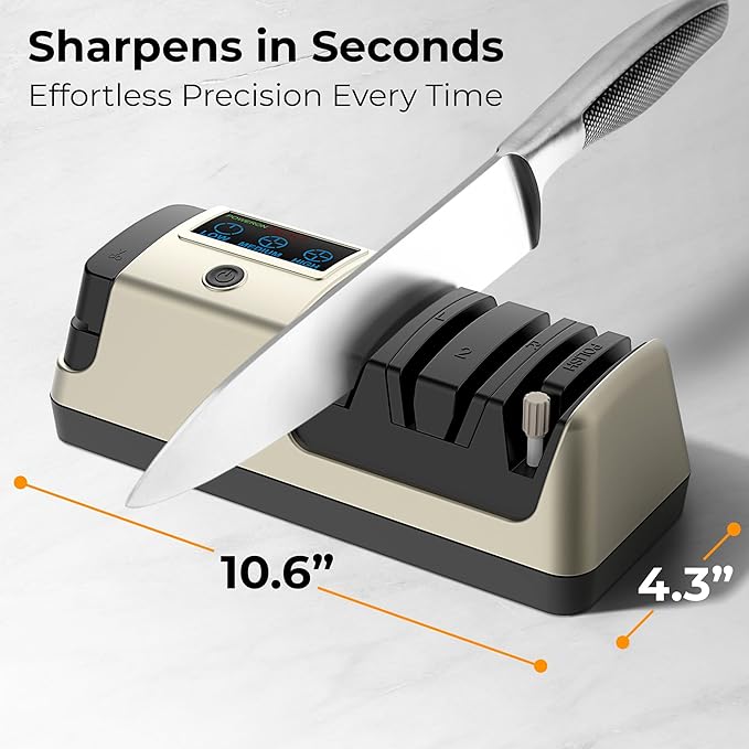 Electric Knife Sharpener for Kitchen Knives, LCD Display, 5-in-1Professional Knife Sharpener with Adjustable Speed, Diamond Wheel & Ceramic Rod, Gold