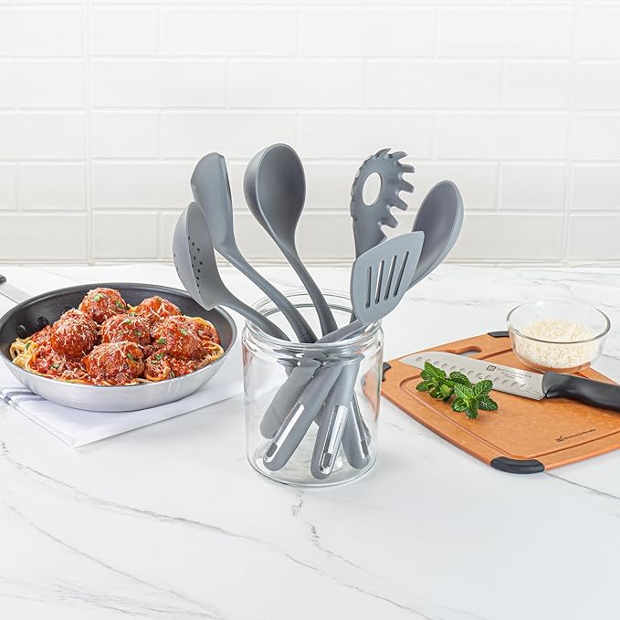Restaurantware Silicone Utensil Set Pack of 1 Non-Slip Handle 6-Piece Kitchen Tool Set, Heat-Resistant Dishwasher-Friendly Cooking Accessories, Durable Gray Cooking Utensils