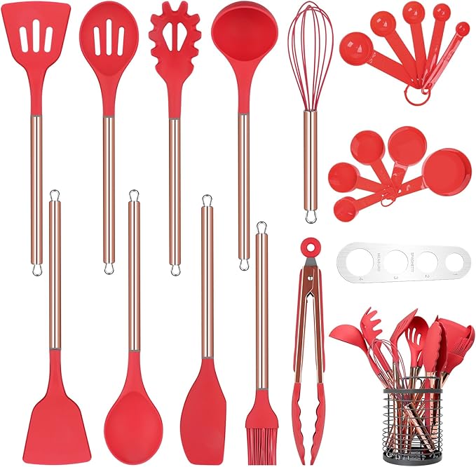 Red Kitchen Utensil Set with Holder, 22 Pcs Silicone Cooking Utensils Set for Nonstick Cookware, Heat Resistance Spatula Set, Stainless Steel Handle Kitchen Gadgets Utensils Set