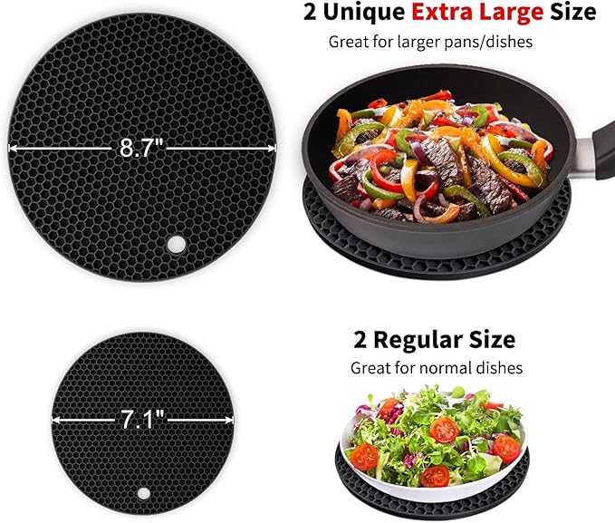 Walfos XXL Silicone Trivet 16 Inch and Round Trivets 9 Inch & 7 Inch, Trivets for Hot Pots and Pans, Heat Resistant Pot Holders Hot Pads for Kitchen Quartz Countertops, Hot Dishes, 5 Pack, Black