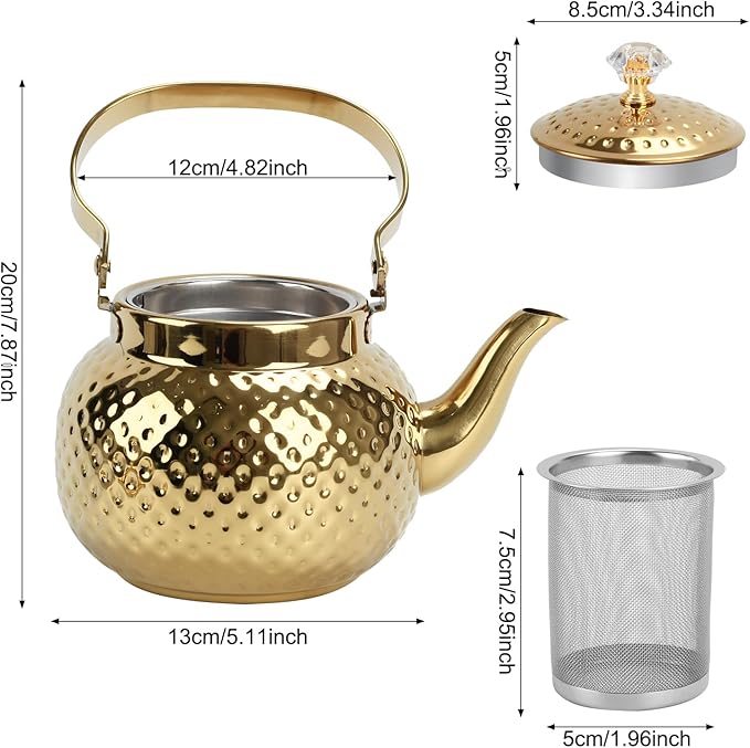Hammered Tea Kettle, Stainless Steel Tea/Coffee Pot Loose Leaf Teapot for Tea, Milk, Coffee, 1.2L Teapot with Strainer Stovetop Tea Kettle, Outdoor Travel Supplies, Gift For Tea (Gold)