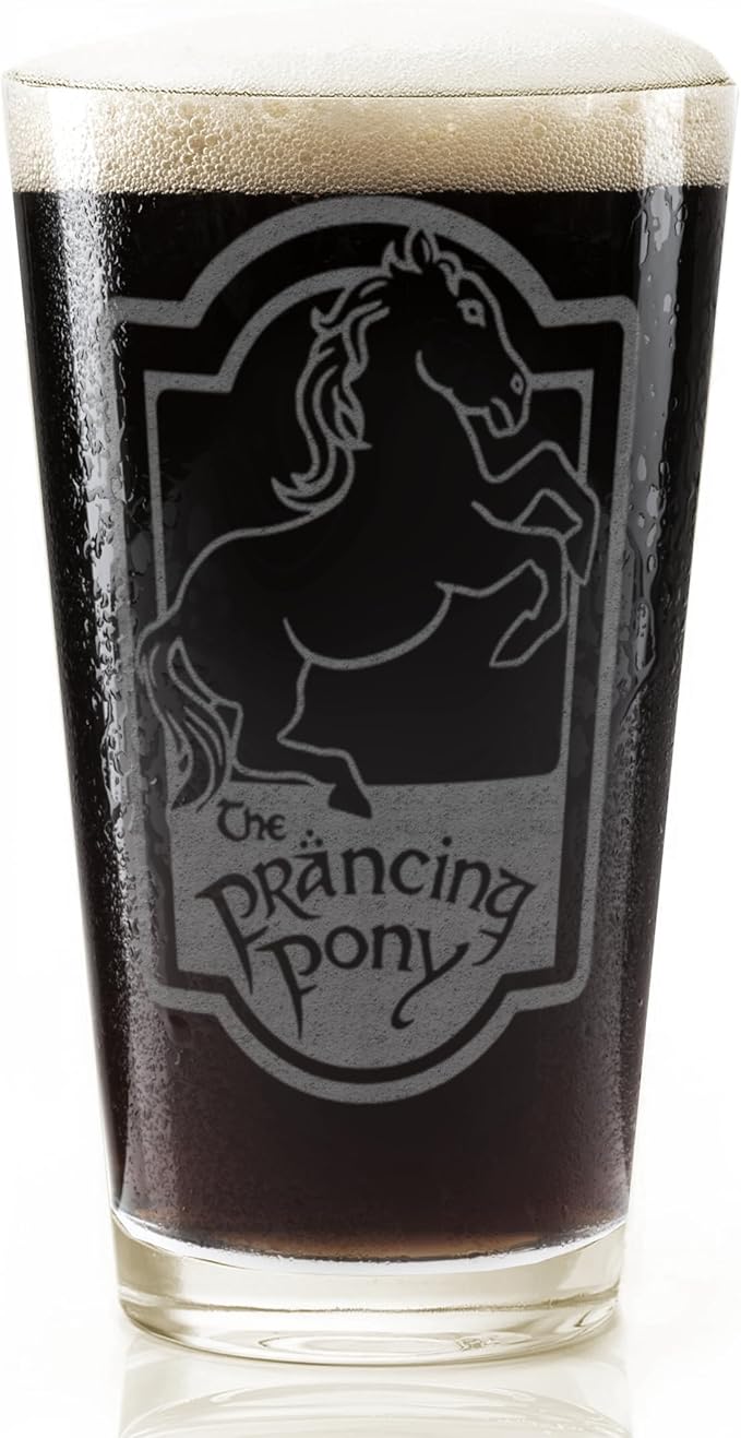 THE PRANCING PONY Engraved 16oz Pint Glass | Inspired by Tolkien Power Ring and Middle Earth | Great Christmas Gift Idea | Unique Elvish Fantasy Wizard Fantasy Decor!