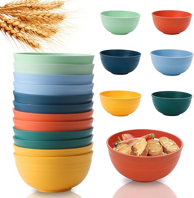 Lazycorner 12 Pcs Wheat Straw Cereal Bowls 26 Oz Wheat Straw Bowls Set Reusable Plastic Bowls for Soup Microwave & Dishwasher Safe Soup and Salad Bowls