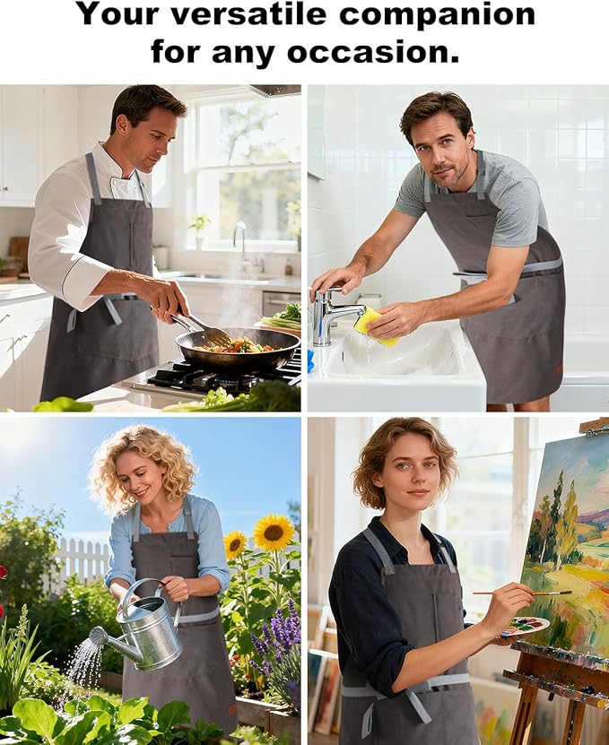 Womens Apron With Pockets Adjustable Shoulder Strap,Apron For Men 38.5" Extra-Long Straps Fit More Body Types,Chef Apron For Kitchen Garden Barbecue Woodworking