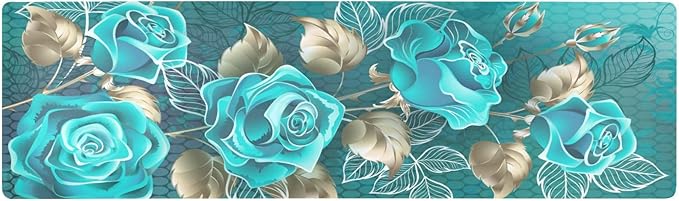 Valentine's Day Trivet Table Runner 40 Inches Long Turquoise Roses Leaves White Gold Contour Heat Resistant Hot Pad Multi Purpose Mat for for Hot Pots Pans Kitchen Countertops