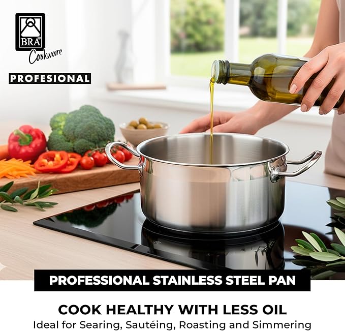 BRA COOKWARE Profesional 18/10 Stainless Steel Stock Pot w/Glass Lid | 9.5 Inch 4 Quart Professional Cooking Pot | 5.5mm Thick Base | PFOA Free Deep Pot | All Cooktops | All Cooktops & Oven Safe
