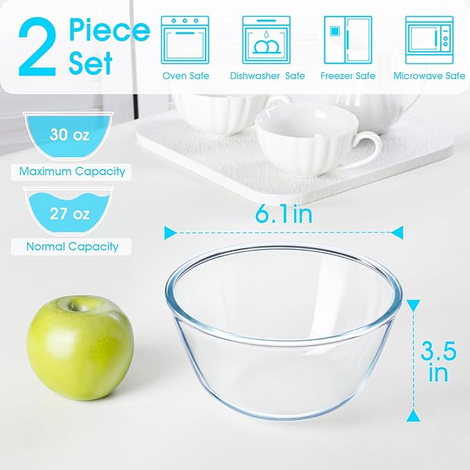 NUTRIUPS 30oz Small Glass Mixing Bowls Borosilicate 6.1in Glass Salad Bowl Clear Prep Bowls for Bread, Set of 2