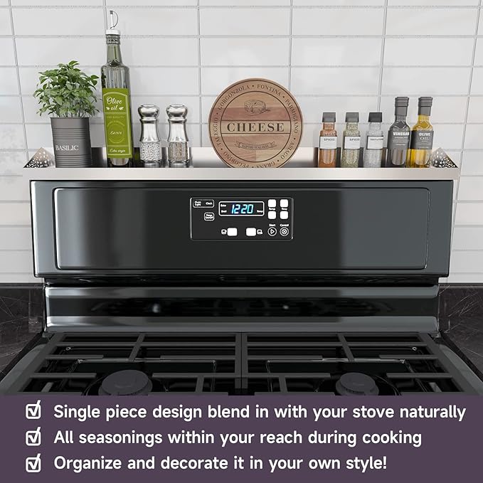 Stove Shelf for Stove Top, Spice Rack Organizer, Easy Installation, Kitchen Storage Solution, with Standard 30" Length, Brushed Stainless Steel, Non Magnate (Stainless Steel)