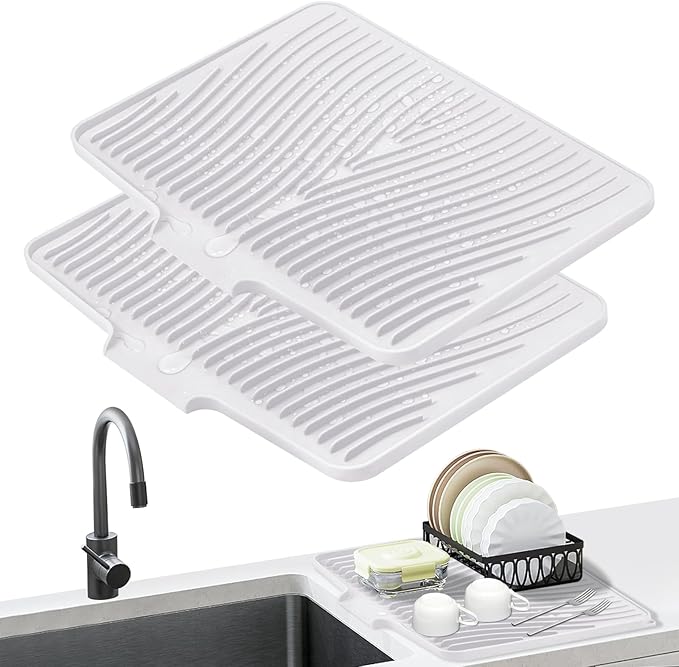 Dish Drying Mat,Stone Drying Mat for Kitchen Counter with Built-in Drain,Non-Slip Drying Matt Kitchen Counter, Heat Resistant Silicone Drying Mat, Dish Drying Pad, 2 Pcs(Ivory, 19.7"x17")