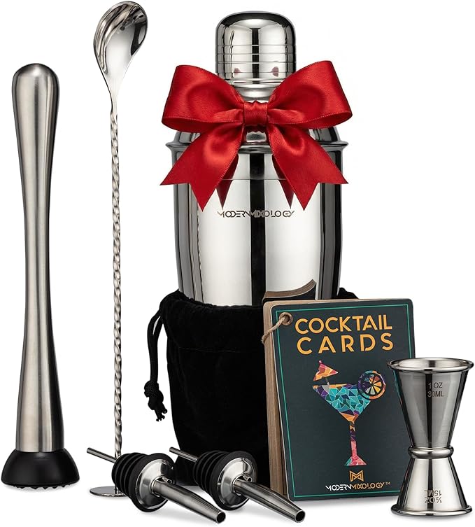 Modern Mixology 8-Piece Cocktail Shaker Set, 24oz Stainless Steel Bartender Kit with Velvet Giftable Bag, Curated Travel Cocktail Kit for Hosting Essentials (Silver)