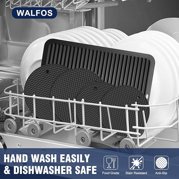 Walfos XXL Silicone Trivet 16 Inch and Round Trivets 9 Inch & 7 Inch, Trivets for Hot Pots and Pans, Heat Resistant Pot Holders Hot Pads for Kitchen Quartz Countertops, Hot Dishes, 5 Pack, Black