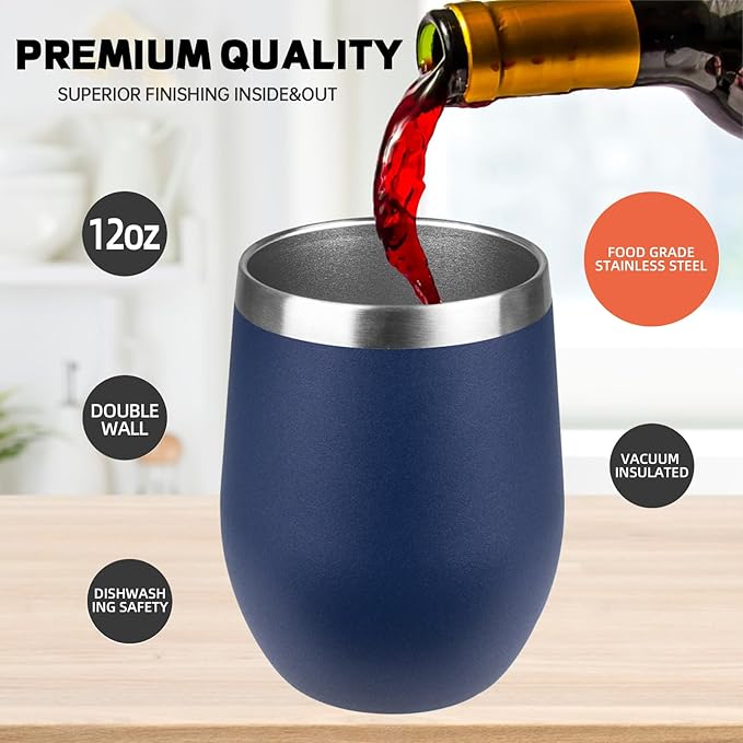 StarSpeed 12oz/8 Pack Wine Tumbler with lid, Stainless Steel Travel Mugs Stemless Double Wall Insulated Coffee Cup, Insulated Wine Glasses Travel Tumbler for Cold & Hot Drinks(Navy Blue, 8)