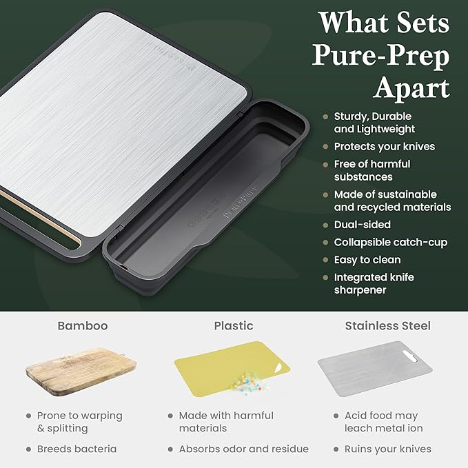 PURE-PREP Titanium Cutting Boards for Kitchen - Double Sided Cutting Board Pure Titanium/Wheat Straw PP with Collapsible Catch, Grater and Knife Sharpener - Metal Chopping Board Large 16” x 11”