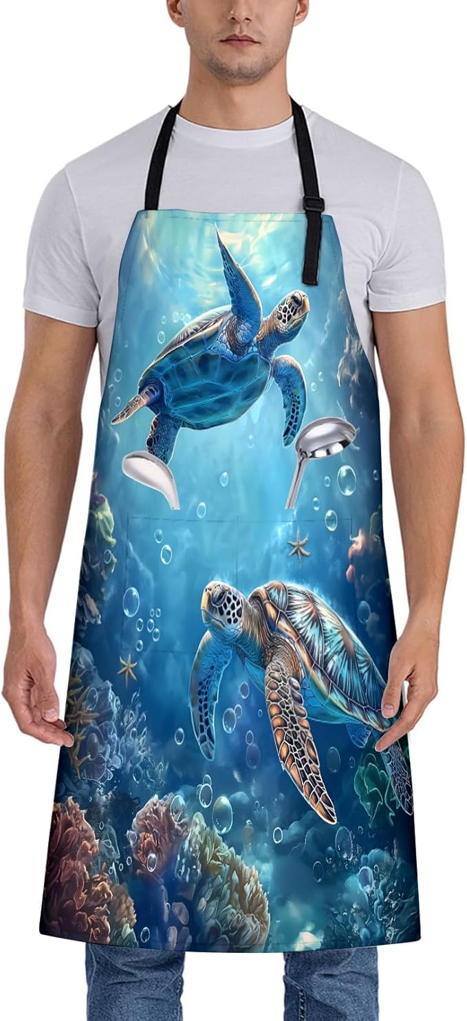 Ocean Turtle Apron for Women, 28x33in, Kitchen Chef Aprons with 2 Pockets, Polyester, Sea Turtle and Coral Reef Apron for Cooking BBQ Baking Gardening Chef, Gifts for Mom Wife Dad