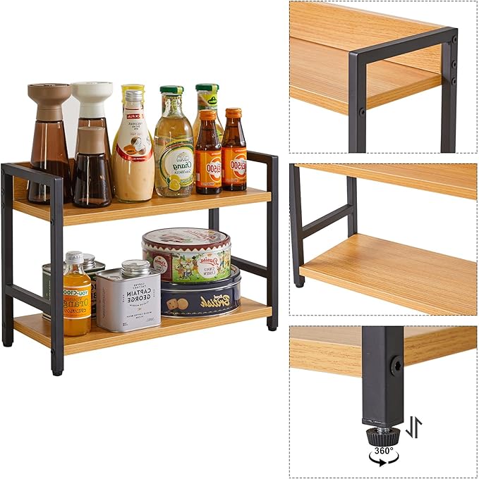 IBUYKE 2-Tier Spice Rack Industrial Counter Shelf Desktop Storage Organizer Standing Seasoning Rack for Countertop Kitchen Office Living Room Desktop Nature,UTLJ002N