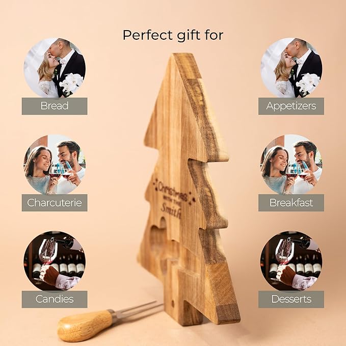 Custom engraved christmas tree luxury charcuterie board set, holiday season cheese, fruits, food, dessert, bread chopping acacia tray for table decoration, personalized gift for dinner hostess