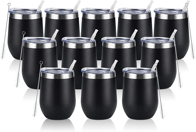 12 Pack Stainless Steel Wine Tumblers, 12Oz Double Wall Vacuum Insulated Wine Tumblers with Lids and Straws, Stainless Steel Stemless Wine Glasses for Coffee, Wine, Cocktails, Champaign, Black
