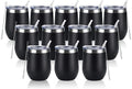 12 Pack Stainless Steel Wine Tumblers, 12Oz Double Wall Vacuum Insulated Wine Tumblers with Lids and Straws, Stainless Steel Stemless Wine Glasses for Coffee, Wine, Cocktails, Champaign, Black