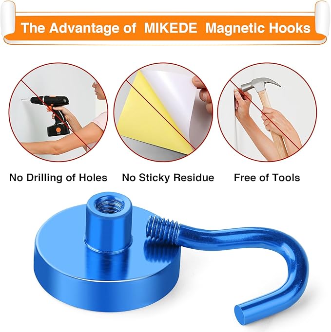 MIKEDE Magnetic Hooks Heavy Duty, 30LB+ Strong Magnets with Hook for Fridge, Neodymium Extra Strength Industrial Hooks for Hanging, Magnetic Hanger for Toolbox, Cruise, Grill(Blue,4 Pack)