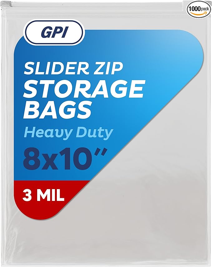 1000 Count - Slider Zip Food Storage Bags, 8" x 10" (1/2 Gallon) 3 Mil Heavy Duty, Strong & Durable For Freezer Storage, For Sandwiches, Snacks & More. GPI
