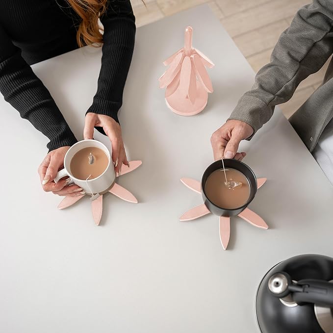 Wooden trivets for hot Dishes – 4 Tree-Shaped Coasters & 1 Stand for Hot Pots, Dishes | Heat-Resistant, Space-Saving Pot Rest & Cozy Kitchen Decor, Tree Trivets for Counter + Special Bonus (Blush)