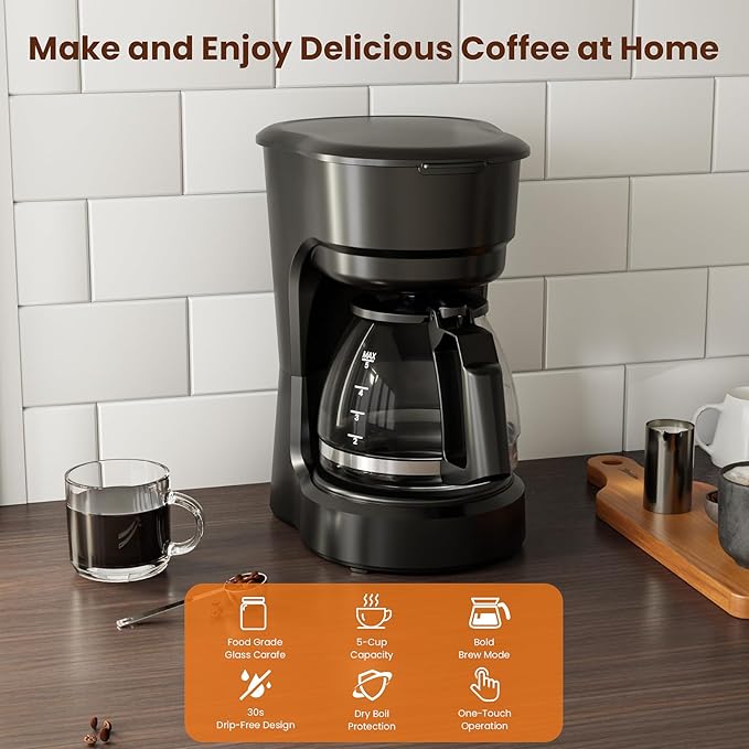 WAA 5 Cup Drip Coffee Maker, Portable Coffee Machine, Glass Coffee Pots with Reusable filter, Delay Brew, Anti-Drip Design, Dry-Burn Protection, One-Touch Operation, 25oz Water Reservoir, Black