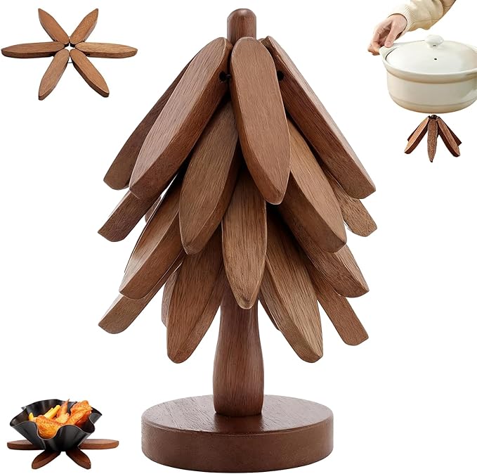 Wooden Trivet Tree, 4 Trivets + 1 Stand for Hot Dishes, Natural Tree Trivet Set, Multi-Functional Decorative Heat Resistant Mats Pots Bowls Teapots Pans Handcrafted Non-Slip Design （Walnut Wood）