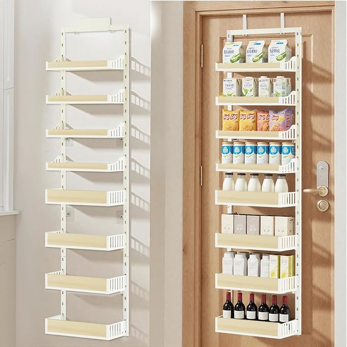 Over the Door Pantry Organizer, 8-Tier Door Organizer Hanging, Spice Rack with Adjustable Baskets, Heavy Duty Door Organizer for Kitchen Storage Metal Hanging for Laundry Bathroom Bedroom, White