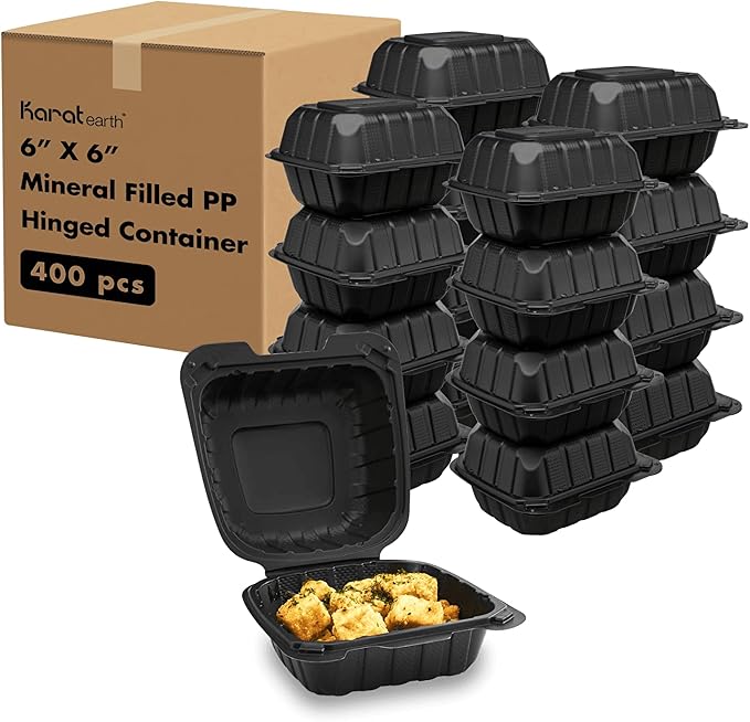 KARAT EARTH Clamshell Take Out Food Containers [6"x6" - 400 ct] To Go Containers | Microwavable, Freezer Safe, Soak-Resistant, Durable, Stackable | Vented for Hot/Cold Foods, Black