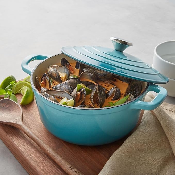 Sur La Table 4-Qt Enameled Cast Iron Dutch Oven – Oven & Broiler to 500°F, Induction Compatible, with Lid for Braising, Baking & Deep Frying, Nonstick Interior, Light Blue