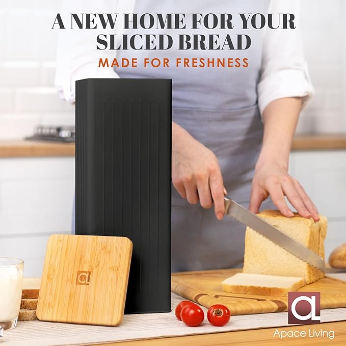 Apace Living FRESHSLICE Bread Container 2.0 | Bread Keeper with Airtight Lid | Metal Bread Box with Bamboo Lid for Homemade Bread, 5 Liter (Classic Black)