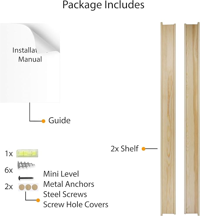 Wallniture Denver 48 Inch Floating Shelves for Wall Decor, Narrow Picture Ledge Shelf Set of 2, Natural Pine Wood Shelves