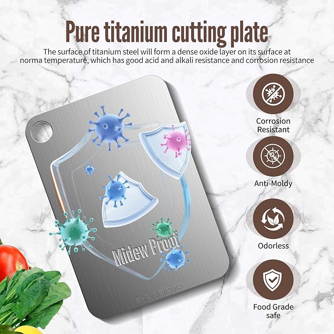 SHUWEICAO- 100% Pure Titanium Cutting Board for Kitchen, Cutting Edge Hygiene & Durability, Double Sided Medical Grade titanium cutting board for Meat Fruit & Vegetable, Easy to Store(11.4 * 7.87in)