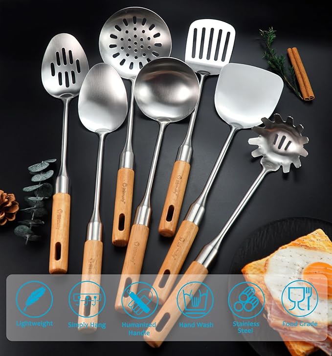 Stainless Steel Cooking Utensils Set with Wooden Handle, 7 Pcs Long Kitchen Utensil Set Stainless Steel, Heat Resistant Metal Spatula Set for Cooking with Turners, Skimmer, Ladle, Pasta Fork