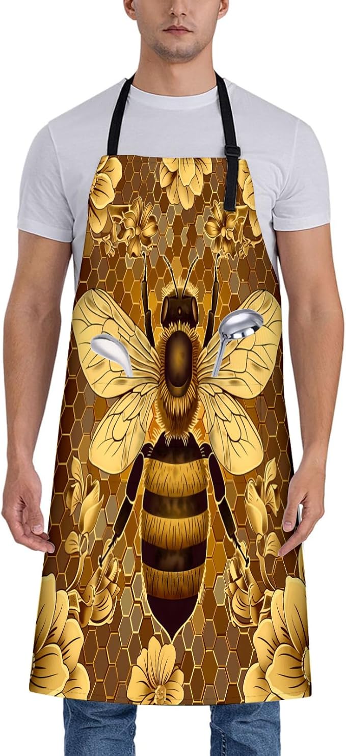Bee and Floral Apron for Women, 28x33in, Kitchen Chef Aprons with 2 Pockets, Polyester, Golden Flower Apron for Cooking BBQ Baking Gardening Chef, Gifts for Mom Wife Dad