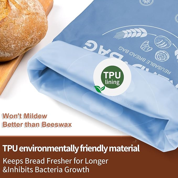 Bread Bags for Homemade with Beeswax Wrap - Zipper Reusable Bread Bag for Sourdough 2-Pack, Large Reusable Food Storage Bag to Keep Sourdough Fresh, Freezer-Safe, Eco-Friendly (Blue&Grey)