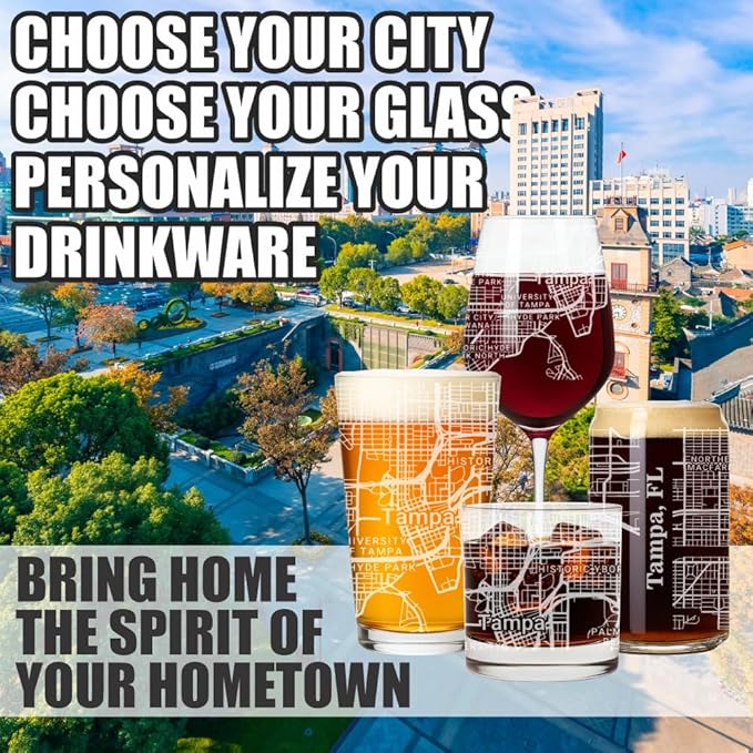 Blue Ridge Mountain Gifts - Tampa Souvenir - Florida Glassware Gift, Etched City Map, Laser Engraved and Dishwasher Safe