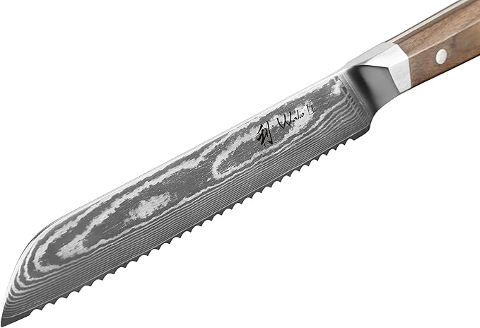 Wakoli HIK Full Tang Damascus Bread Knife – Serrated Kitchen Knife | 8-Inch Blade Made of 67-Layer Damascus Steel with VG10 Core | Walnut Wood Handle | Sharp, Durable, Gift Box Included