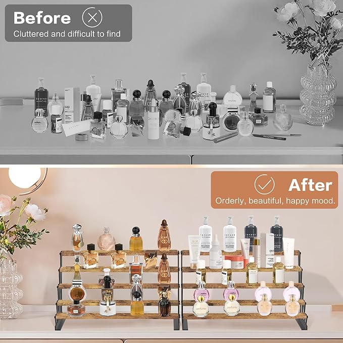 KALYLOC 5 Tier Wooden Display Riser Stand 13.8 Inch Metal Step Cologne Stand Perfume Organizer Tabletop Tiered Display Shelf Rack for Cupcake Spice Figures Cosmetics Candles (Brown, Y-Shape)