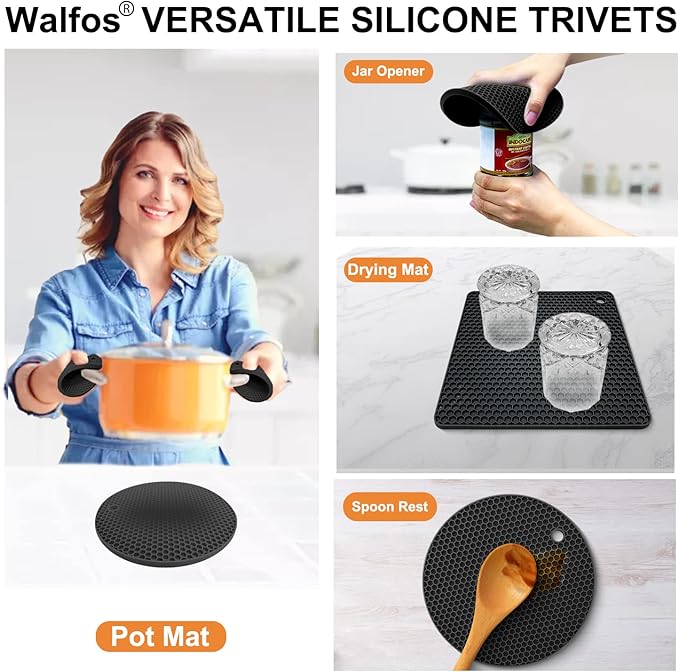 Walfos Silicone Trivet Mats - 4 Heat Resistant Pot Holders, Multipurpose Non-Slip Hot Pads for Kitchen Potholders, Hot Dishers, Jar Opener, Spoon Holder, Food Grade and BPA Free (Red)
