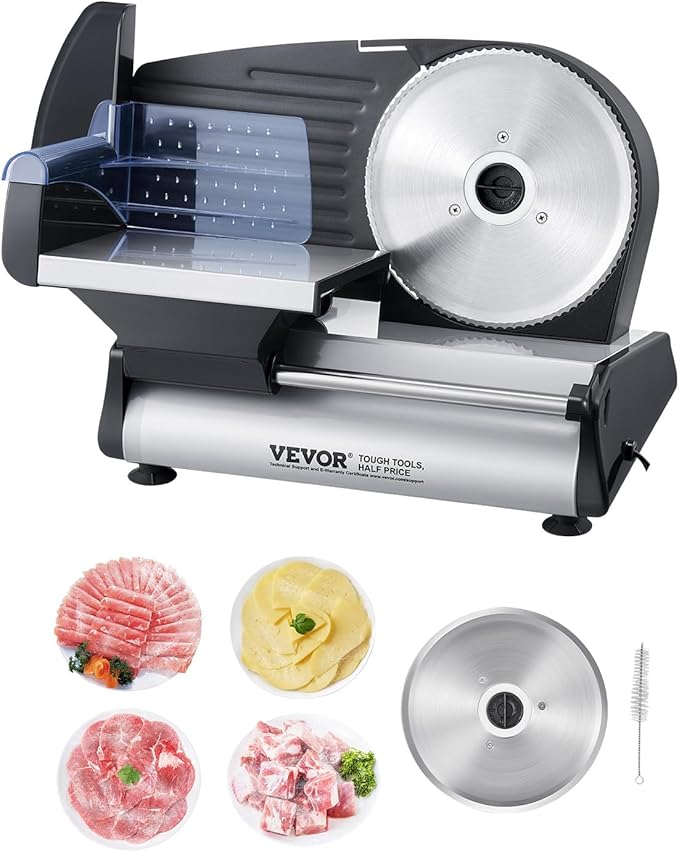 VEVOR Meat Slicer, 7.5 inch Electric Deli Food Slicer, 180W Meat Cutter with two Premium SUS420 Blades, 0-0.6 inch Adjustable Thickness, ETL Certified Food Slicer Machine for Home Use